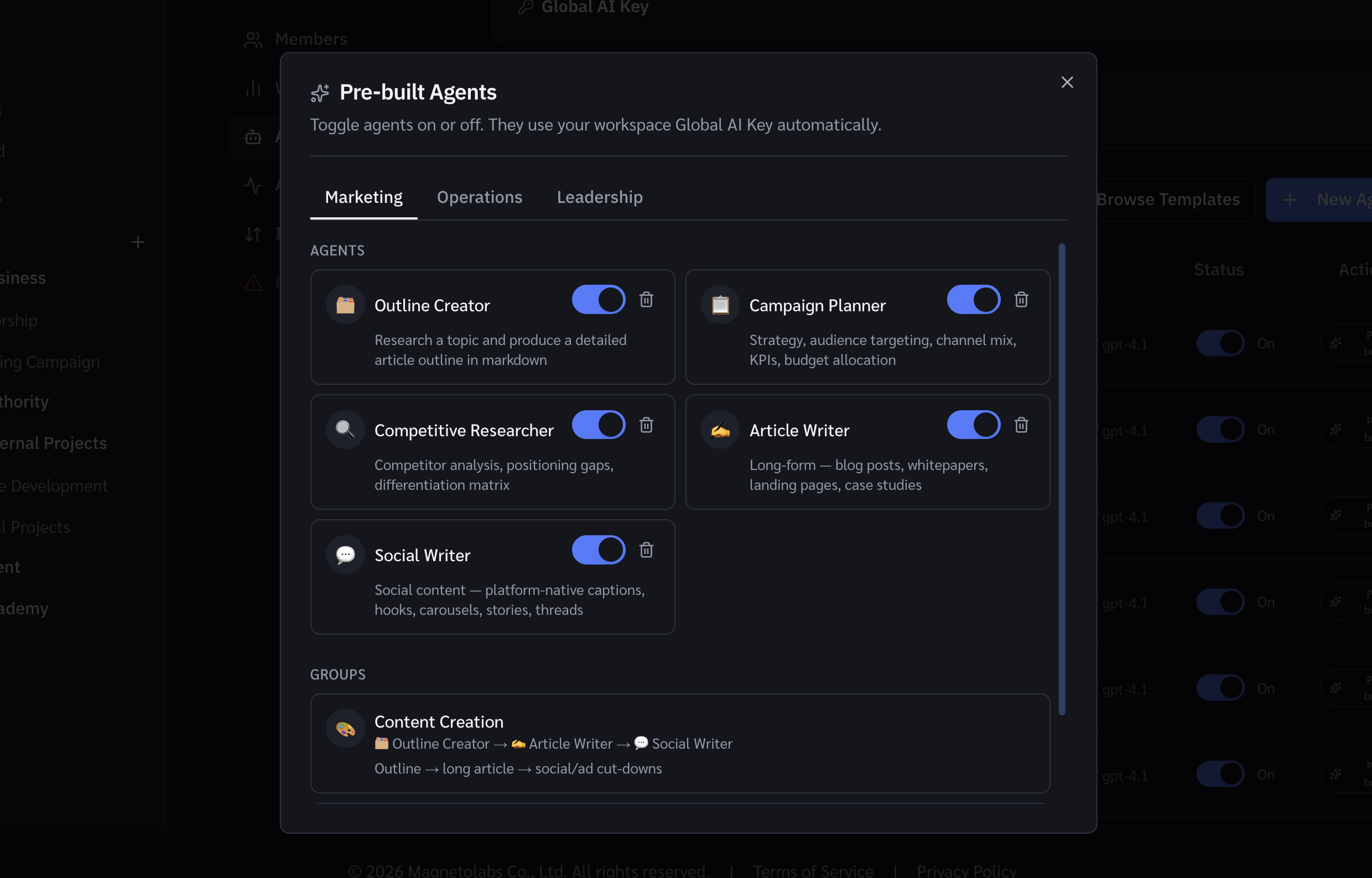 AI Agents panel — browse pre-built agents and manage your custom agents