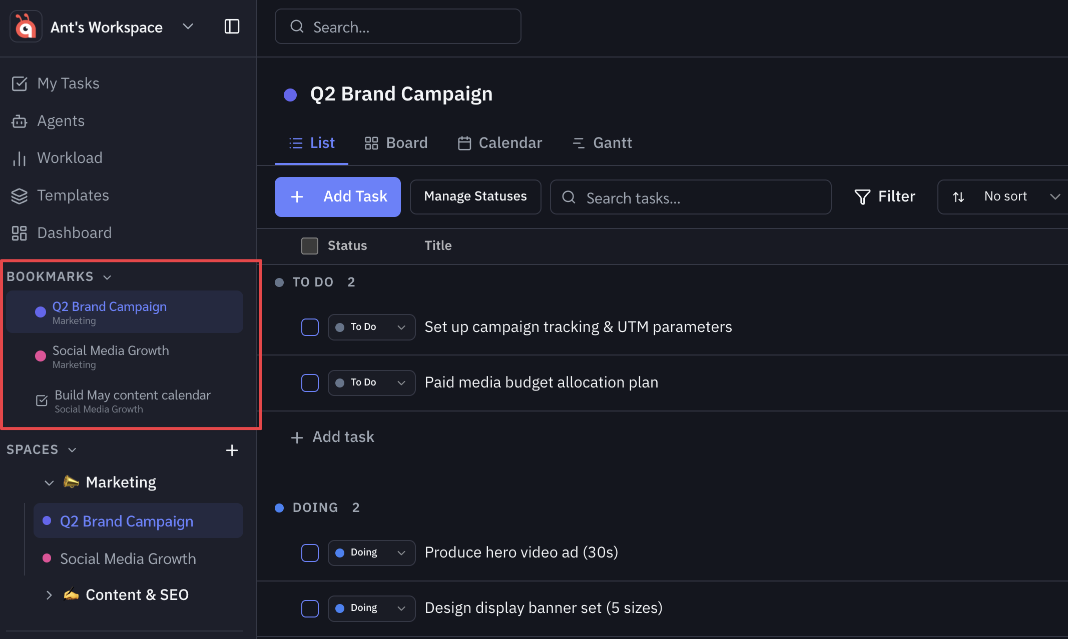Bookmarks section in the sidebar showing pinned projects
