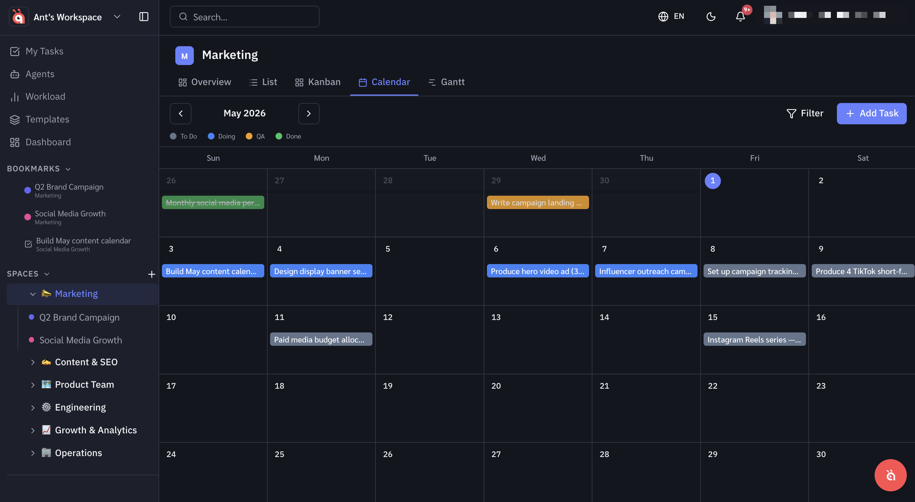 Calendar view — tasks displayed on a monthly calendar by due date