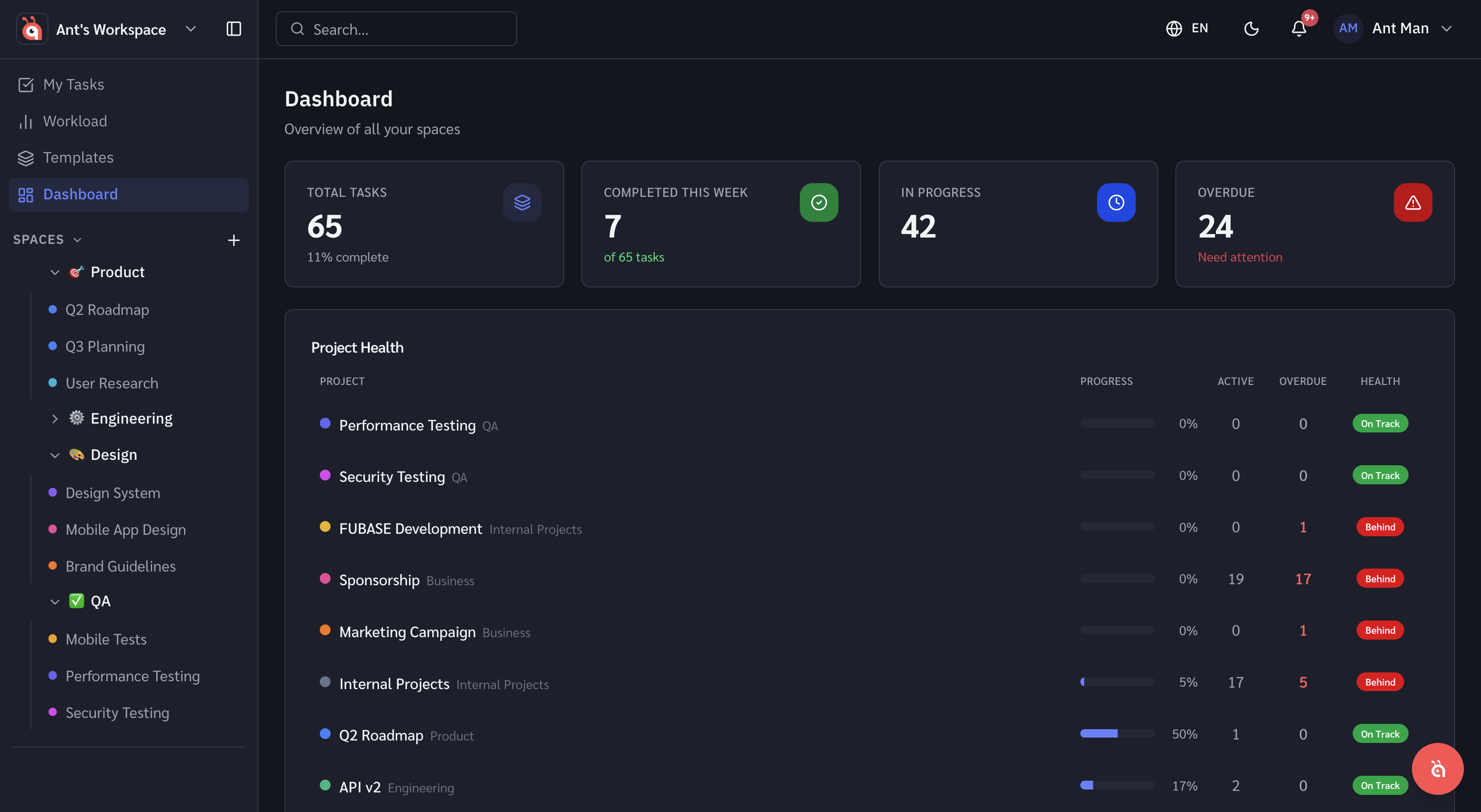 Dashboard showing project health — completion rate, overdue count, and in-progress tasks
