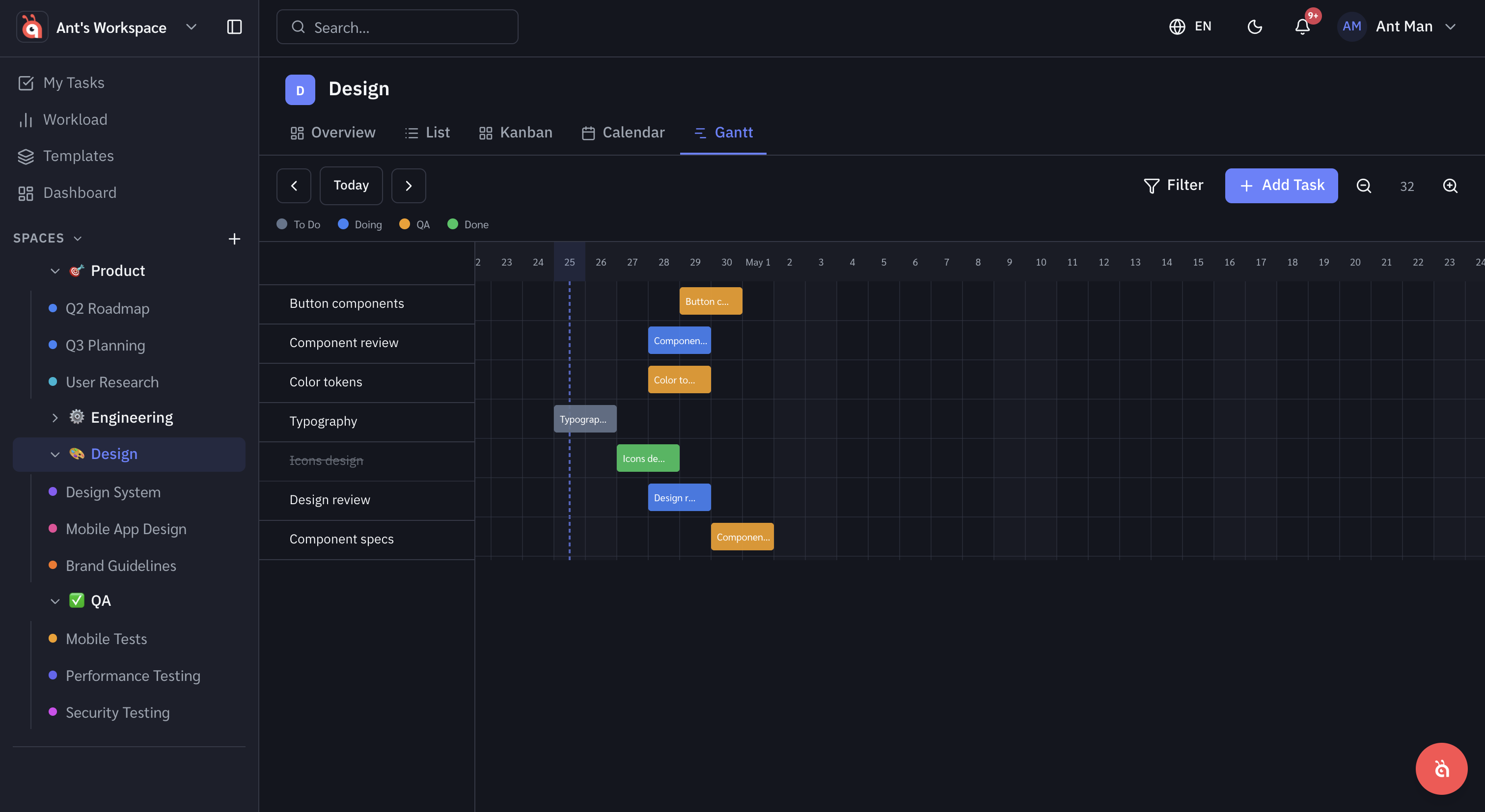 Gantt view — task bars across a date timeline with start and due dates