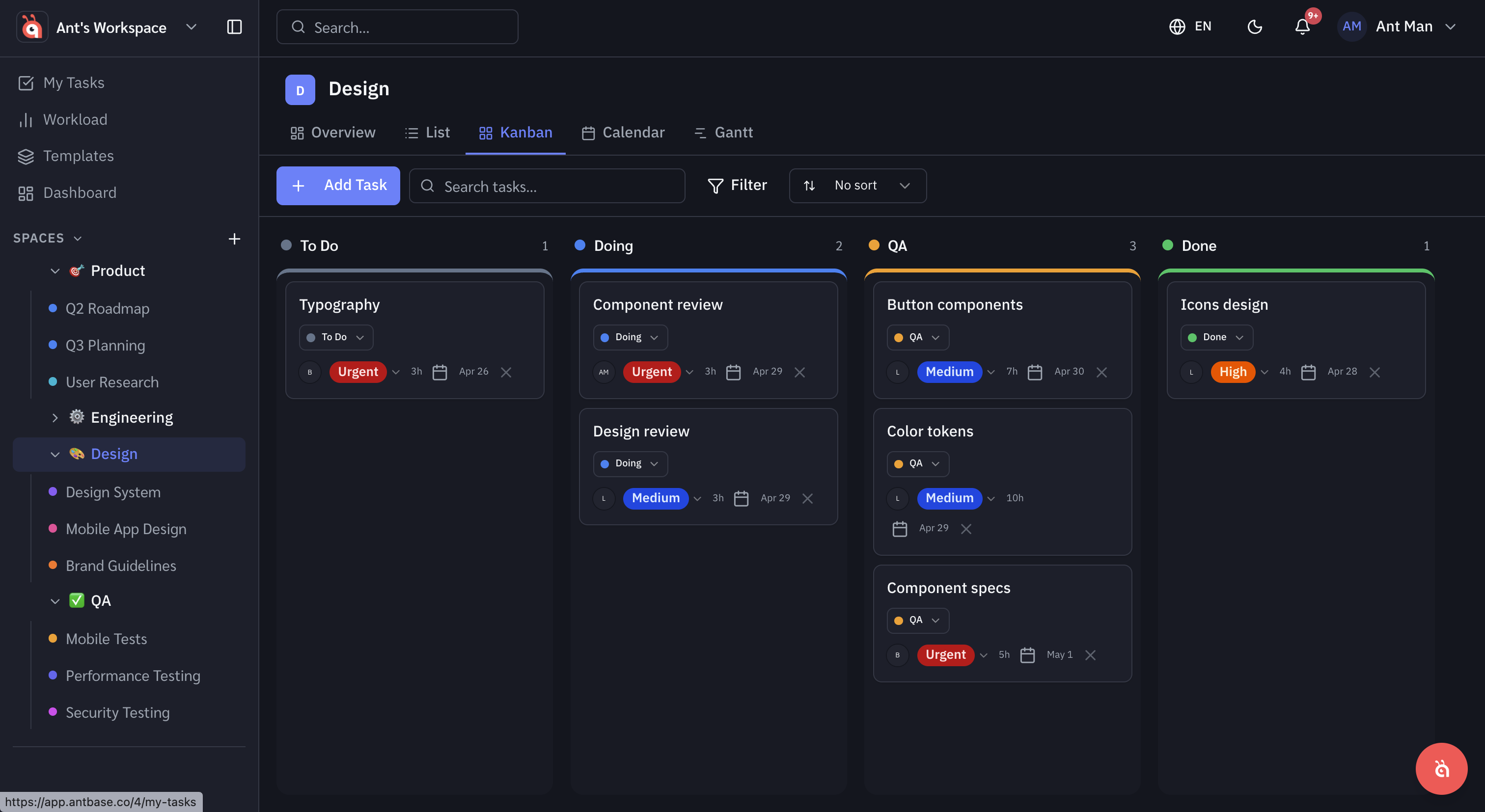 Board view — tasks in columns by status: To Do, Doing, QA, Done