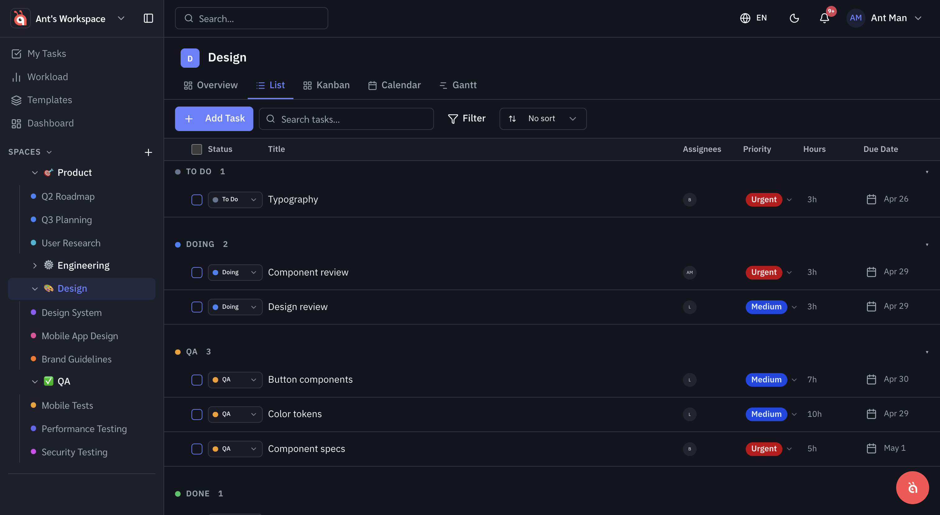 List view — tasks in a spreadsheet layout with sortable columns