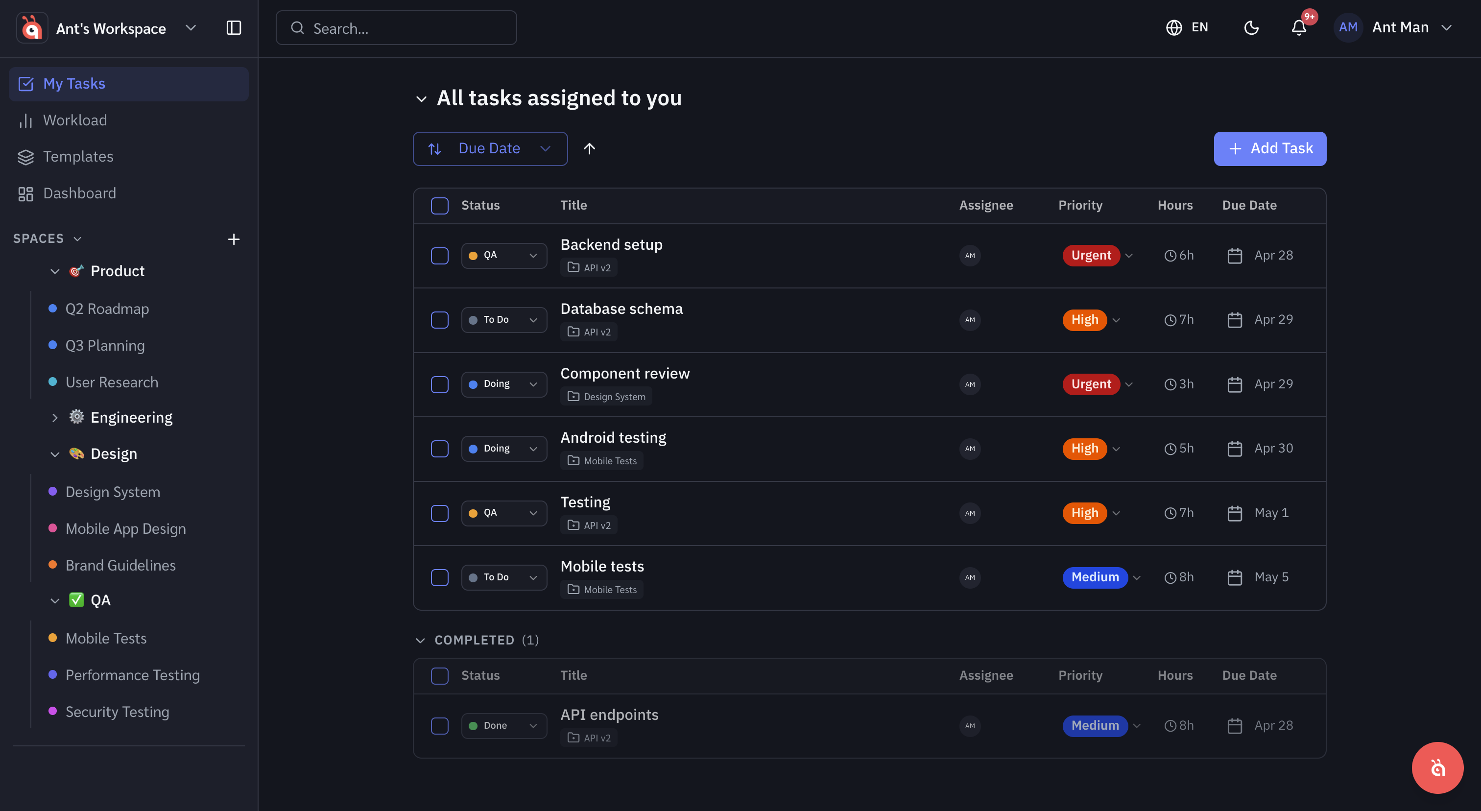 Priority badges on tasks — Urgent in red, High in orange, visible inline in the task list