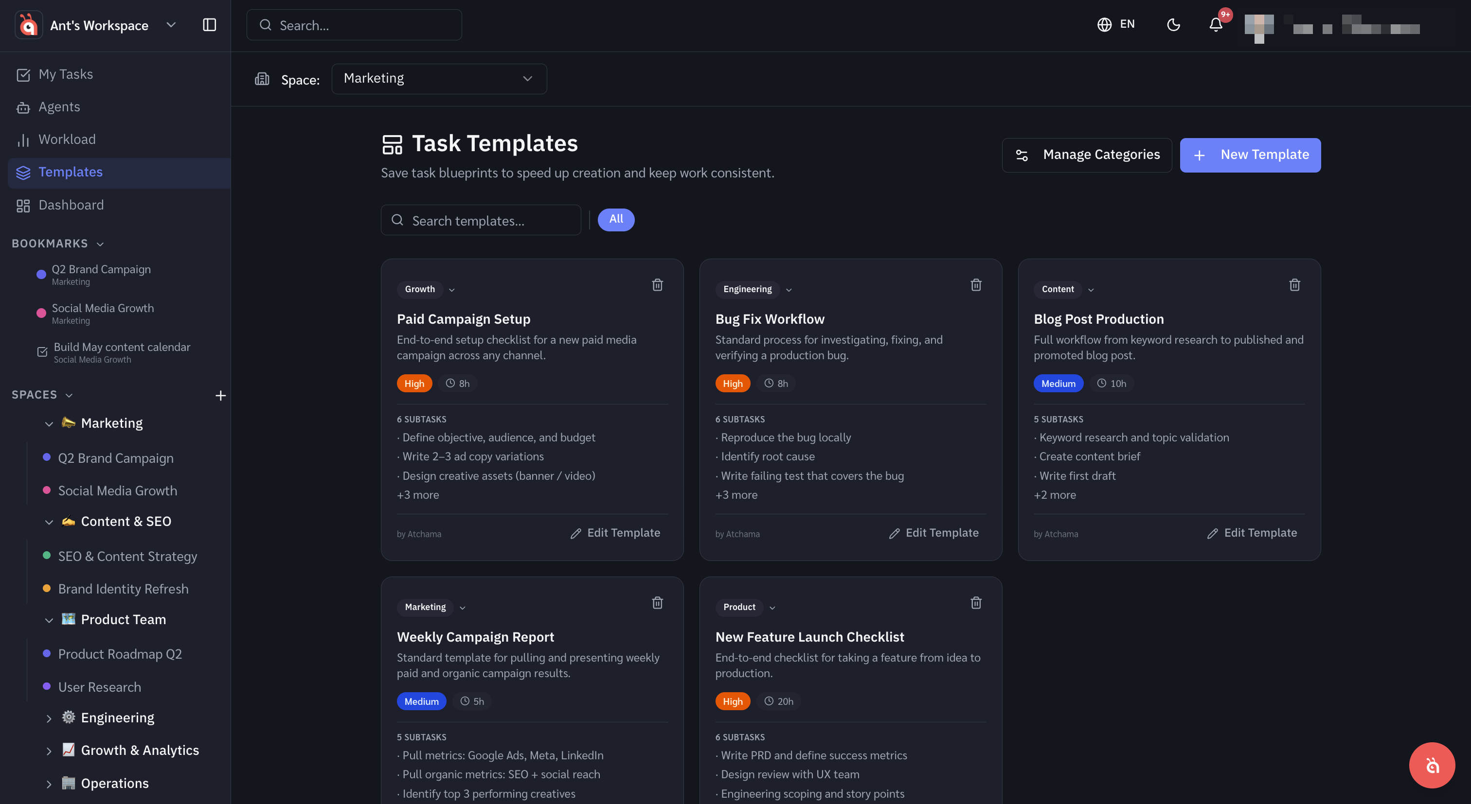 Template library — browse and apply pre-built task templates